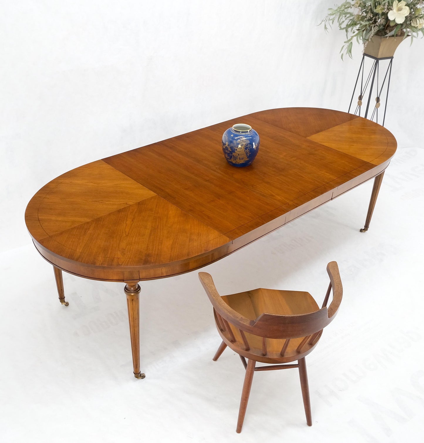 EstablishedLines American Mid-Century Oval Satinwood DiningTable 3 Leaves Fluted Tapered Leg Mint