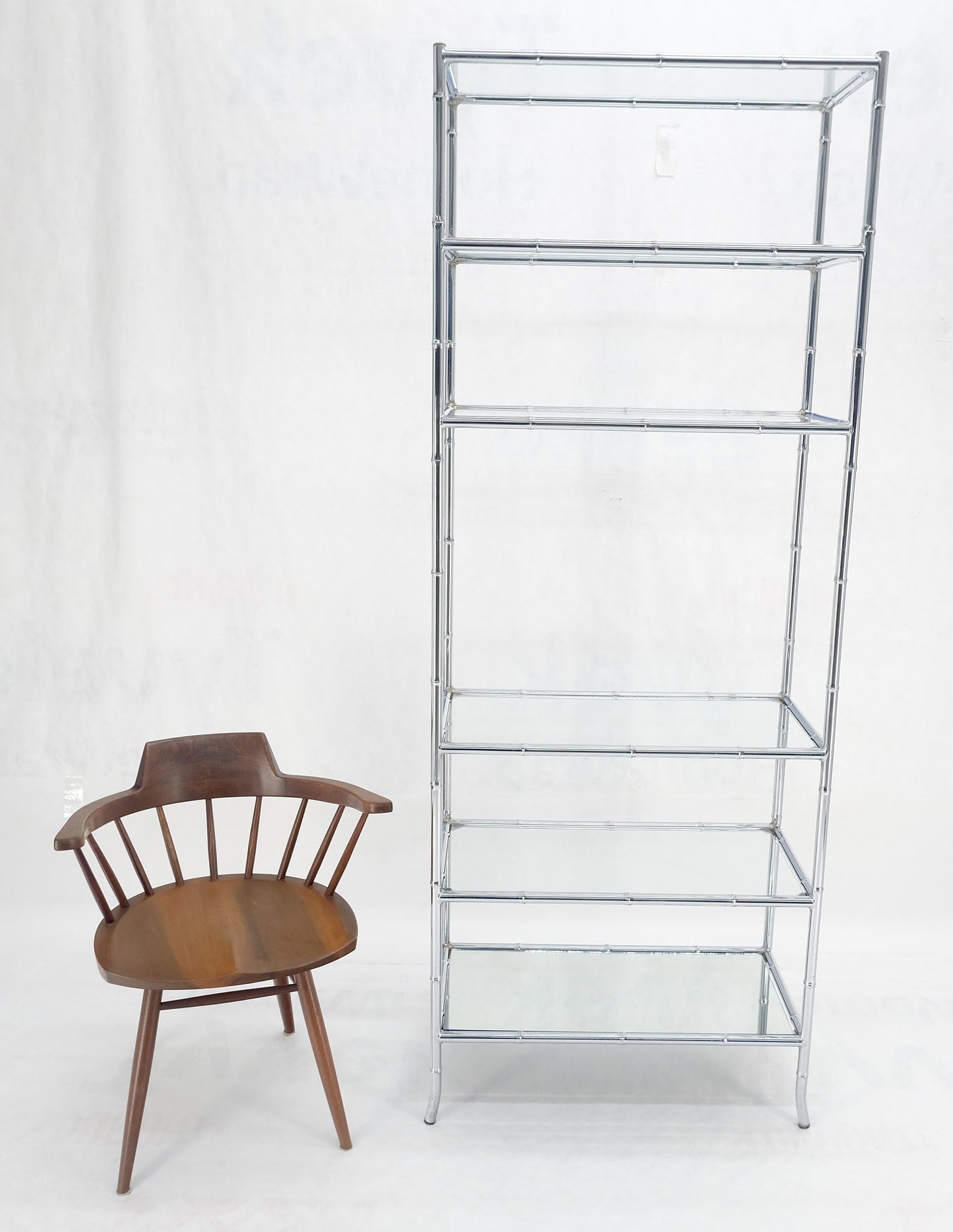 EstablishedLines Italian c1970s Faux Bamboo 6 Glass Shelves Chrome Etagere Bookcase MINT