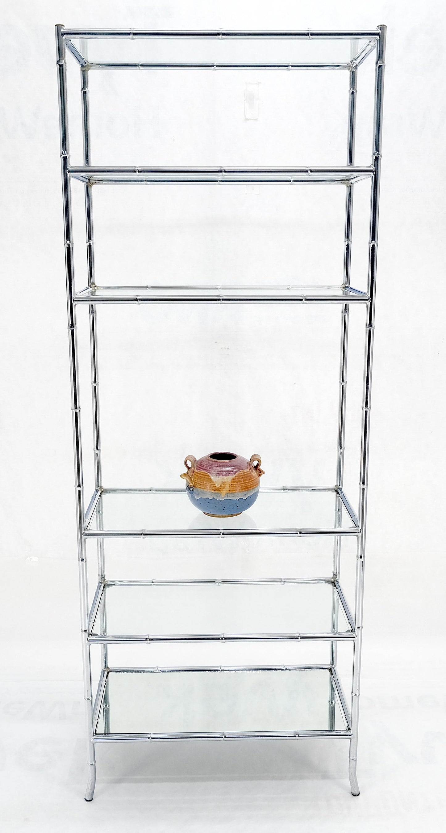 EstablishedLines Italian c1970s Faux Bamboo 6 Glass Shelves Chrome Etagere Bookcase MINT