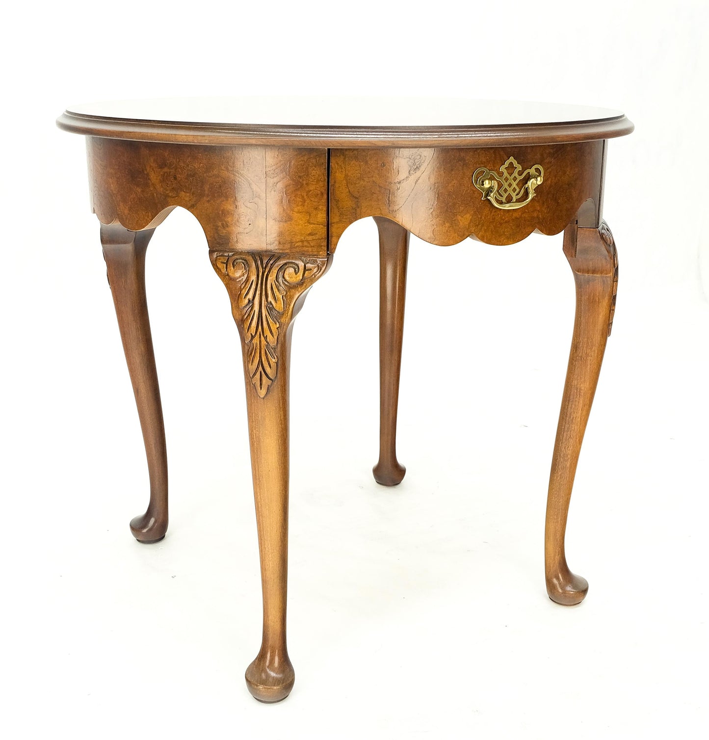 EstablishedLines Baker Burl Wood Banded Walnut Carved Legs One Drawer Lamp End Table Stand MINT!