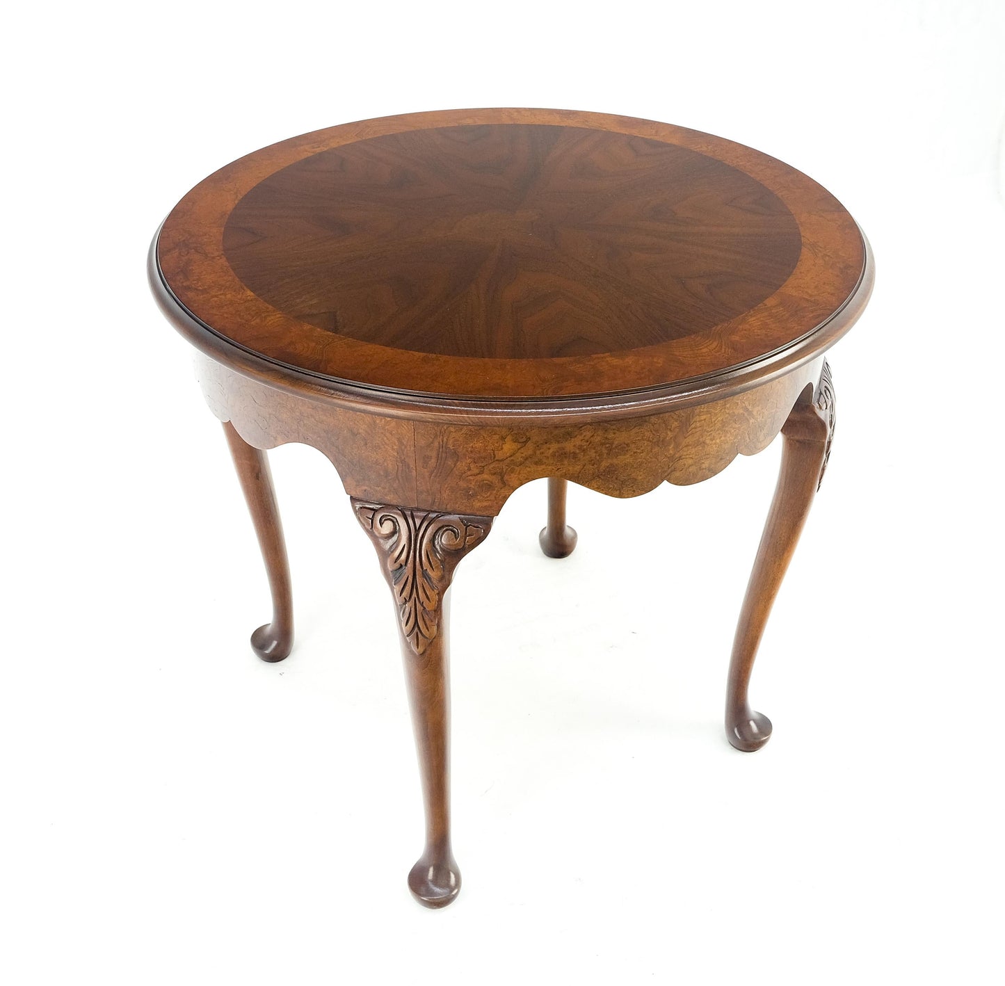 EstablishedLines Baker Burl Wood Banded Walnut Carved Legs One Drawer Lamp End Table Stand MINT!