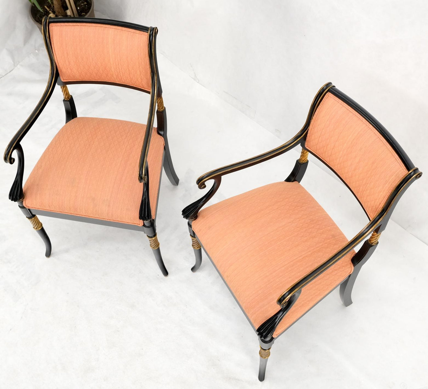 EstablishedLines Pair Regency Ebonized Gilt Craved Fireside Dining Arm Chairs Horn Shape Leg