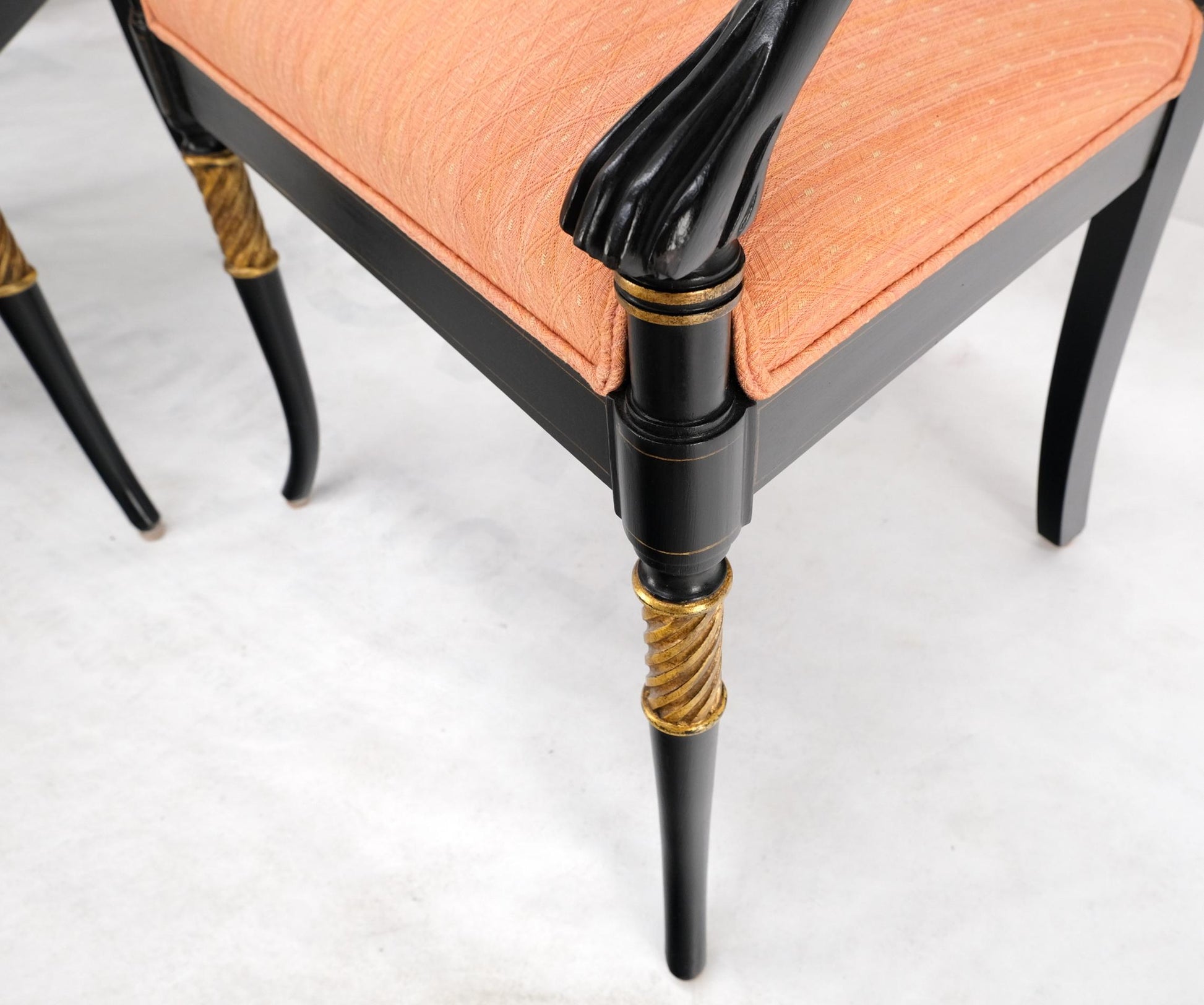 EstablishedLines Pair Regency Ebonized Gilt Craved Fireside Dining Arm Chairs Horn Shape Leg