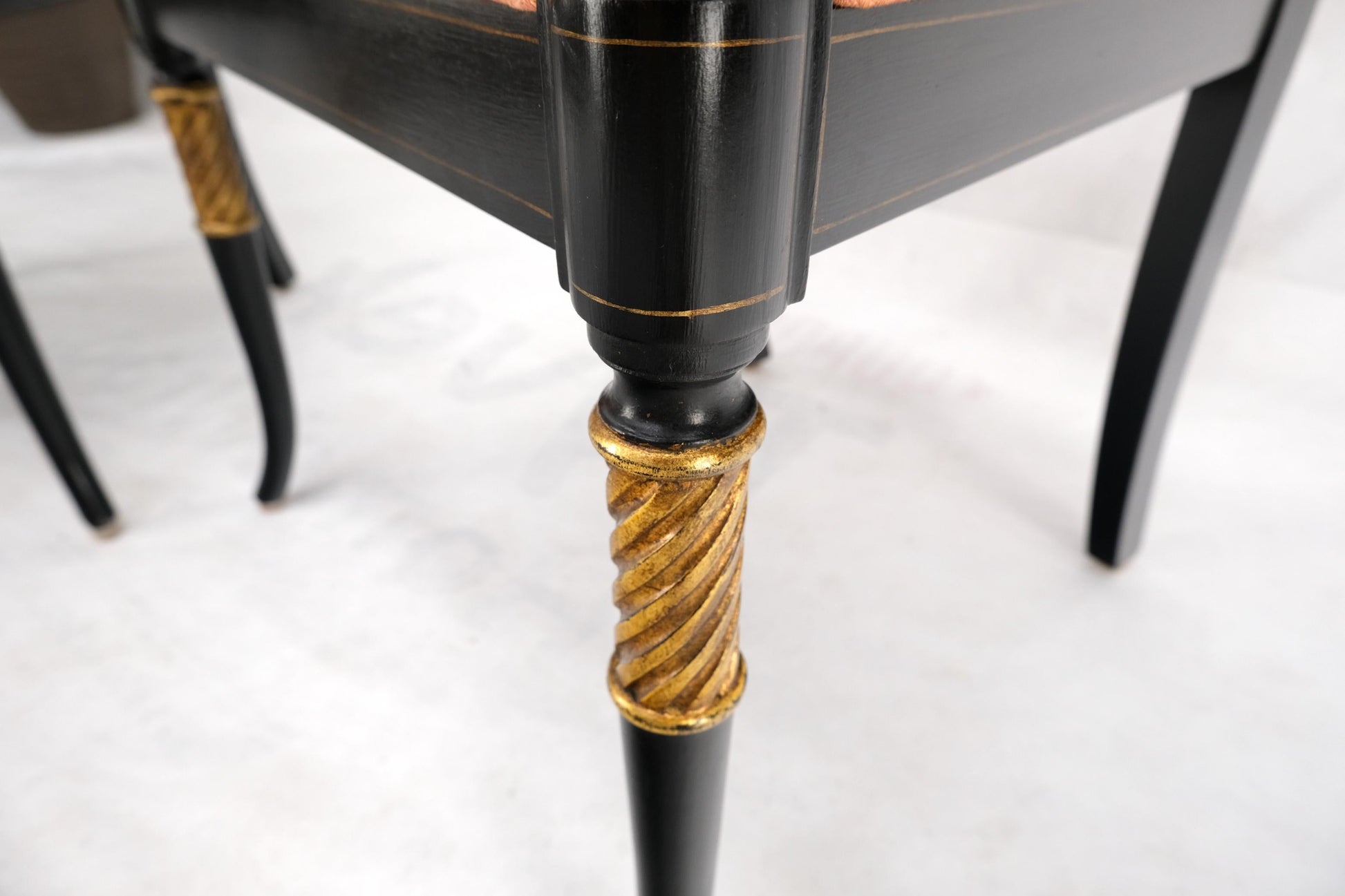 EstablishedLines Pair Regency Ebonized Gilt Craved Fireside Dining Arm Chairs Horn Shape Leg