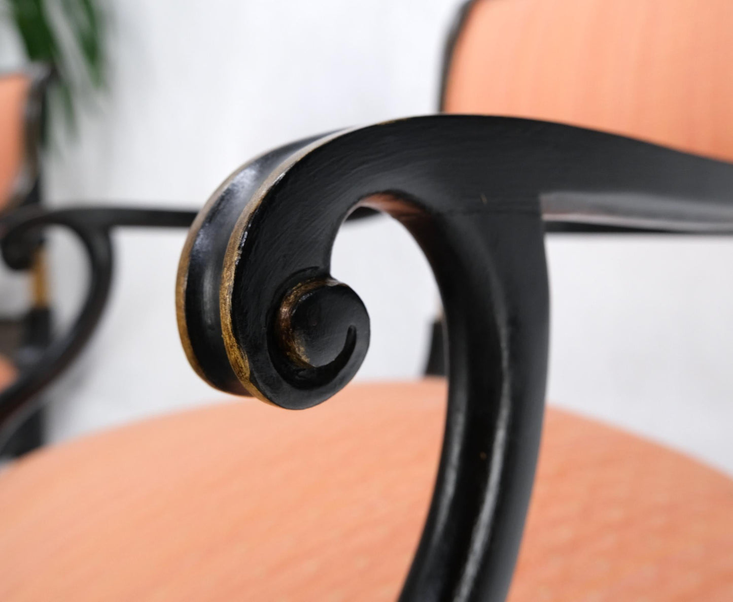 EstablishedLines Pair Regency Ebonized Gilt Craved Fireside Dining Arm Chairs Horn Shape Leg