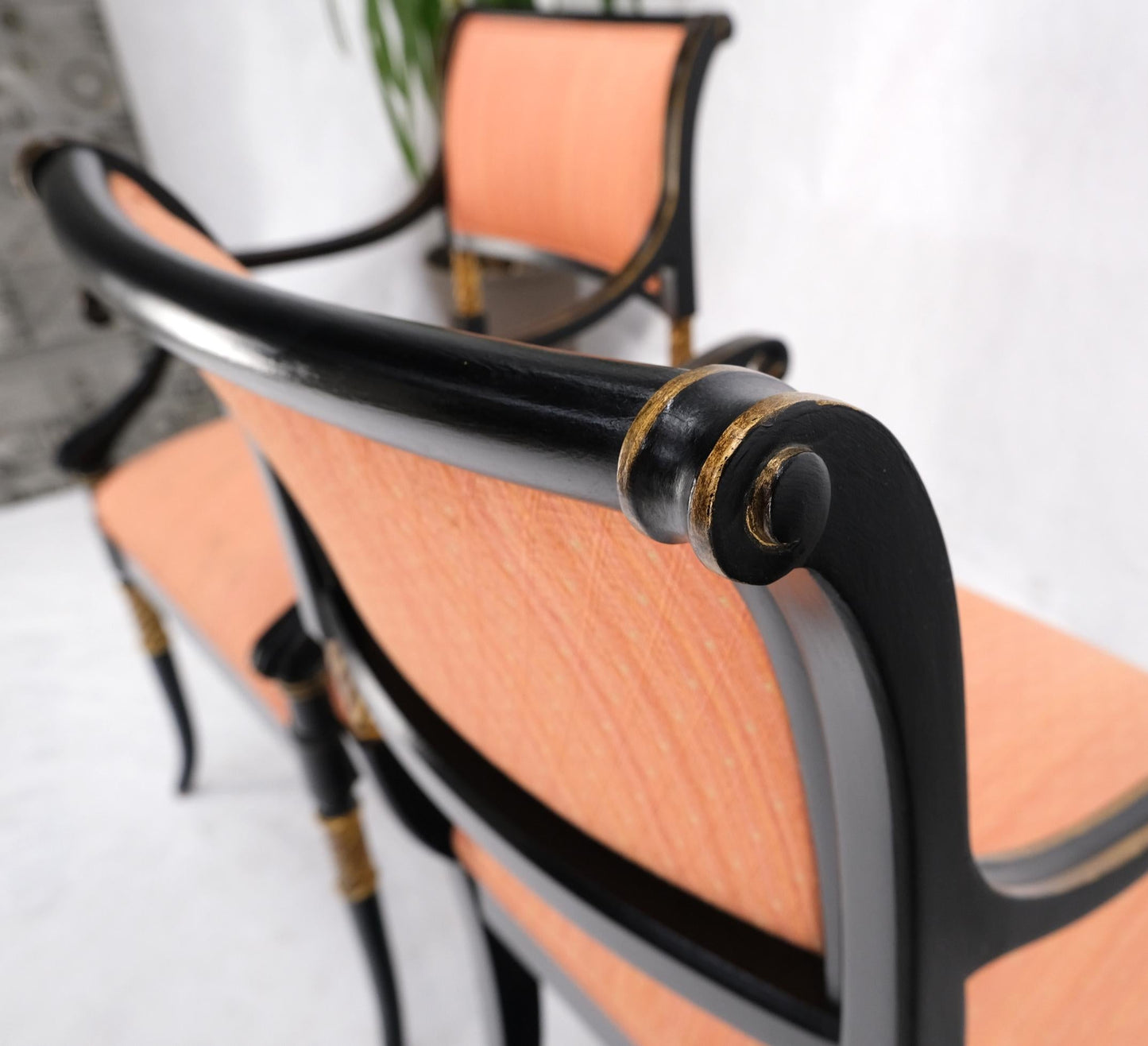 EstablishedLines Pair Regency Ebonized Gilt Craved Fireside Dining Arm Chairs Horn Shape Leg