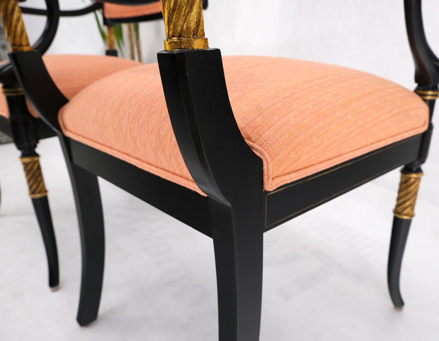 EstablishedLines Pair Regency Ebonized Gilt Craved Fireside Dining Arm Chairs Horn Shape Leg