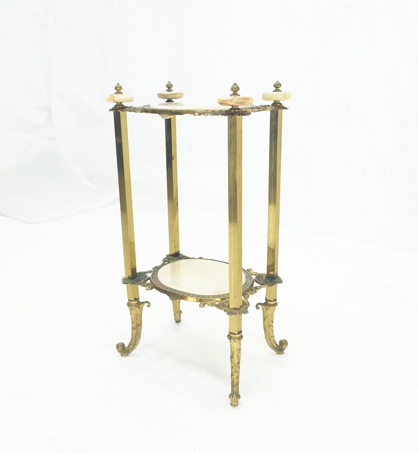 Victorian Style Brass Oval Onyx Marble Turned Finials Lamp Side Table Stand MINT