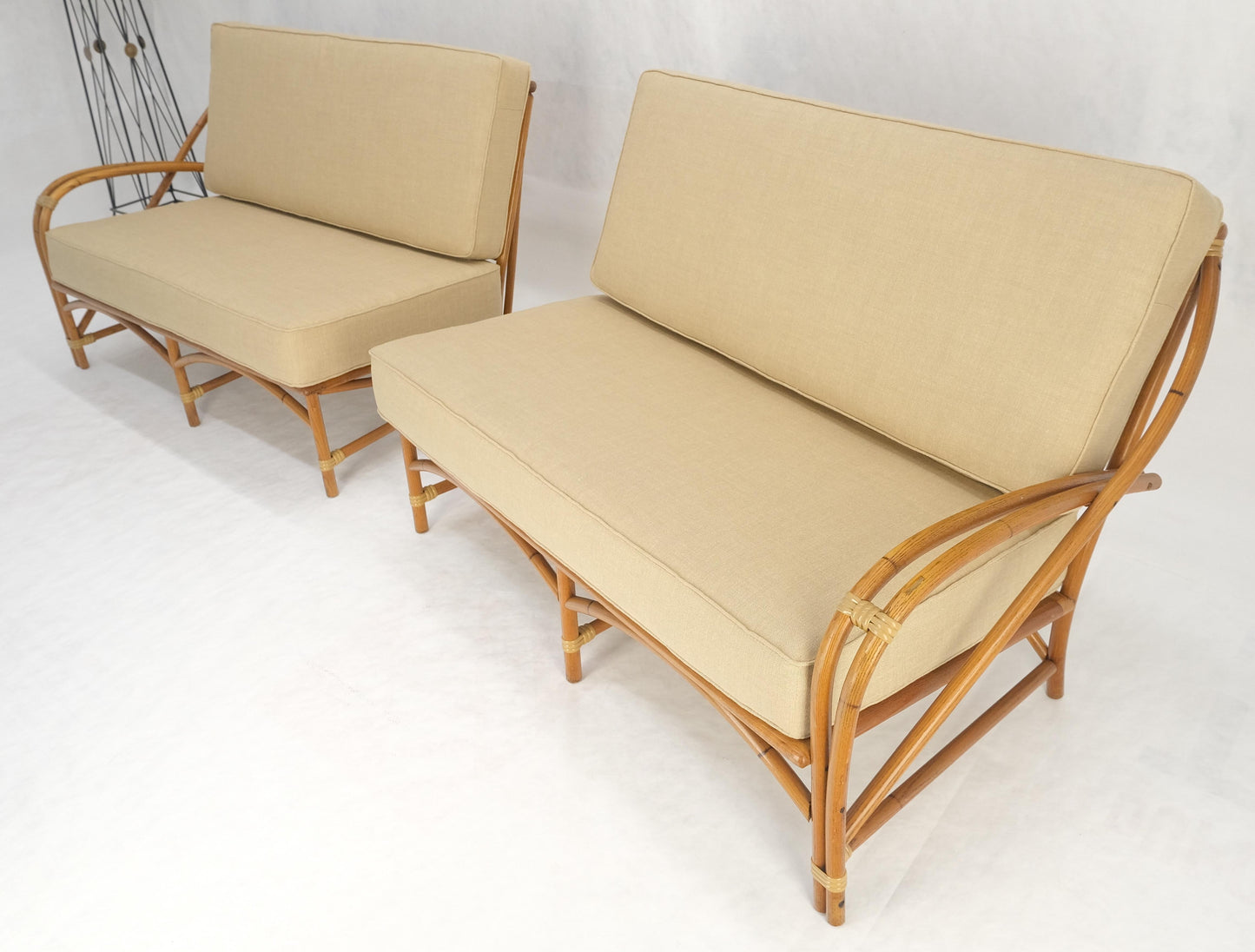 EstablishedLines New Gold Linen Upholstery Bamboo 2 Part Sectional Sofa c1970s MINT!