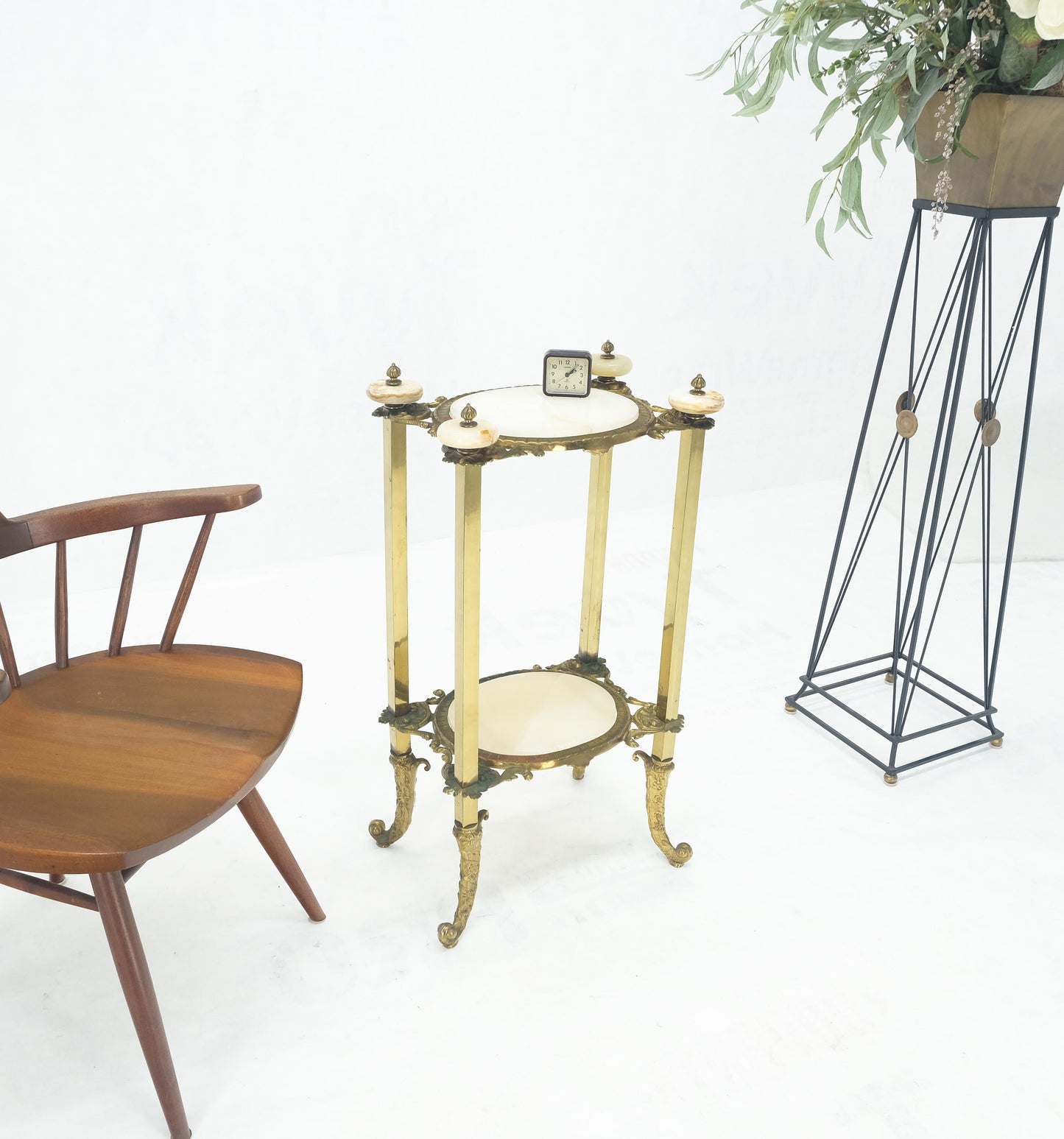 Victorian Style Brass Oval Onyx Marble Turned Finials Lamp Side Table Stand MINT