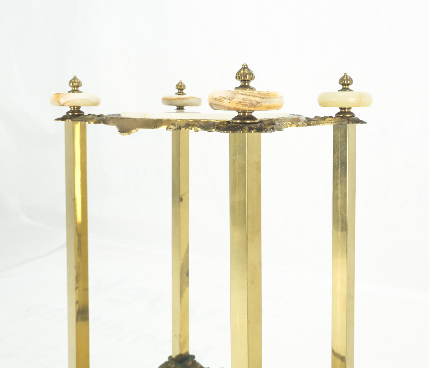 Victorian Style Brass Oval Onyx Marble Turned Finials Lamp Side Table Stand MINT