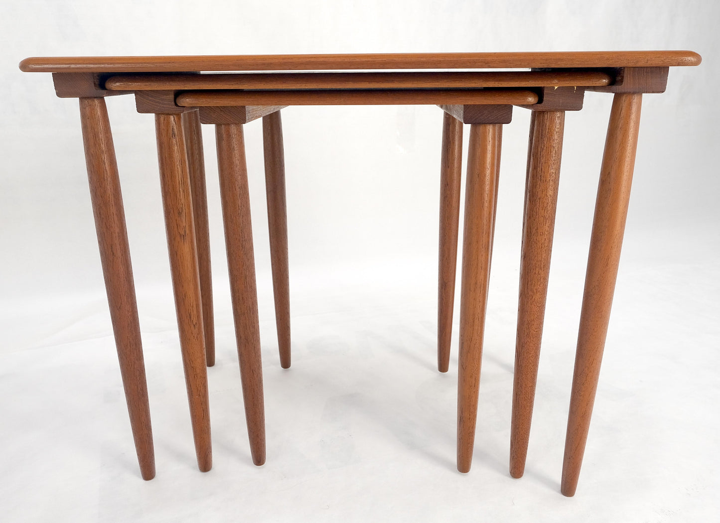 EstablishedLines Pair of 2 Sets of Teak Danish Mid Century Modern Dowel Legs Nesting Tables MINT!