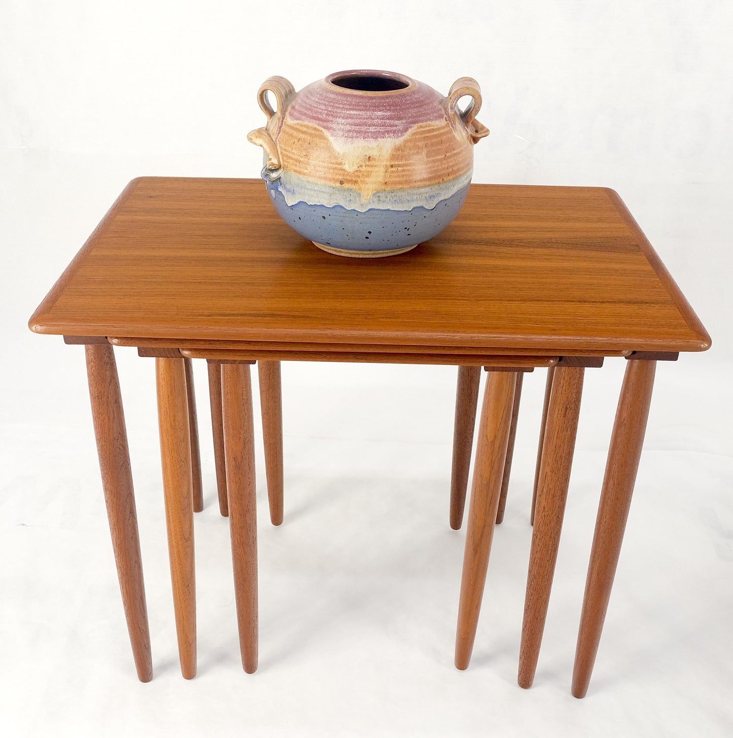 EstablishedLines Pair of 2 Sets of Teak Danish Mid Century Modern Dowel Legs Nesting Tables MINT!