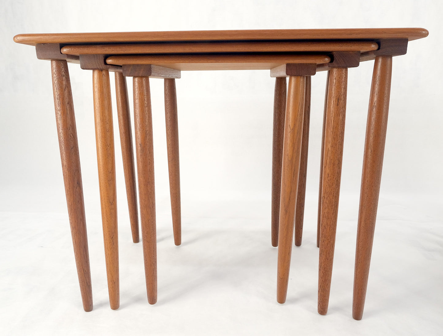 EstablishedLines Pair of 2 Sets of Teak Danish Mid Century Modern Dowel Legs Nesting Tables MINT!