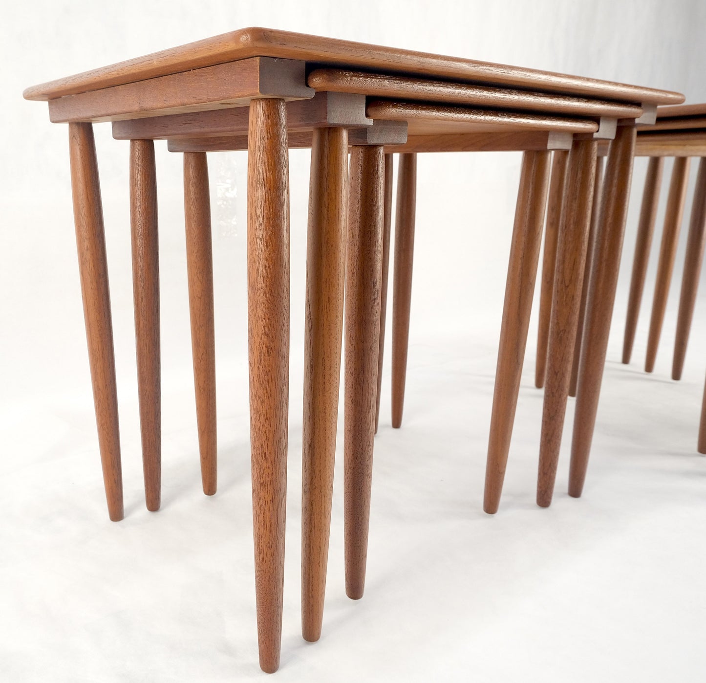 EstablishedLines Pair of 2 Sets of Teak Danish Mid Century Modern Dowel Legs Nesting Tables MINT!