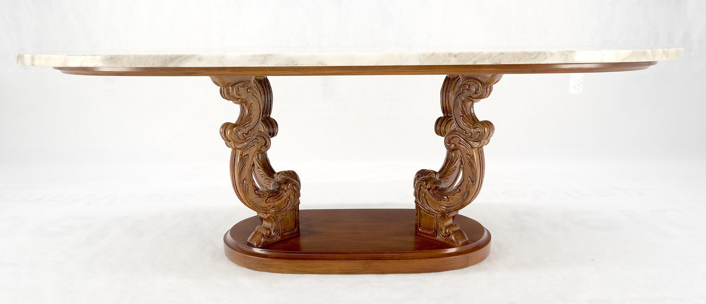 EstablishedLines Carved Regency Style Walnut Base Oval Marble Top Coffee c1960s MINT!