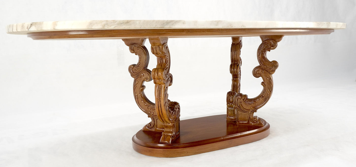 EstablishedLines Carved Regency Style Walnut Base Oval Marble Top Coffee c1960s MINT!