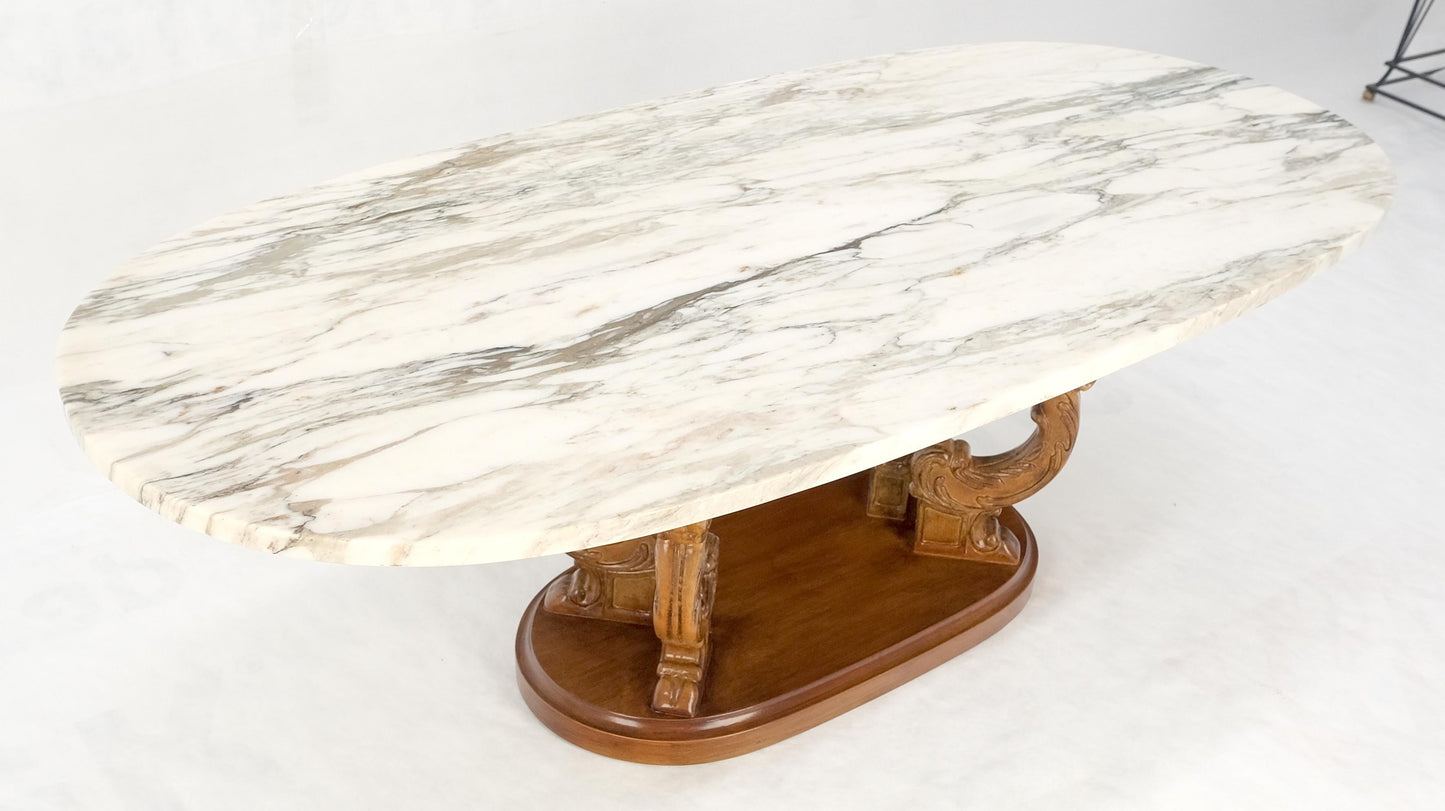 EstablishedLines Carved Regency Style Walnut Base Oval Marble Top Coffee c1960s MINT!