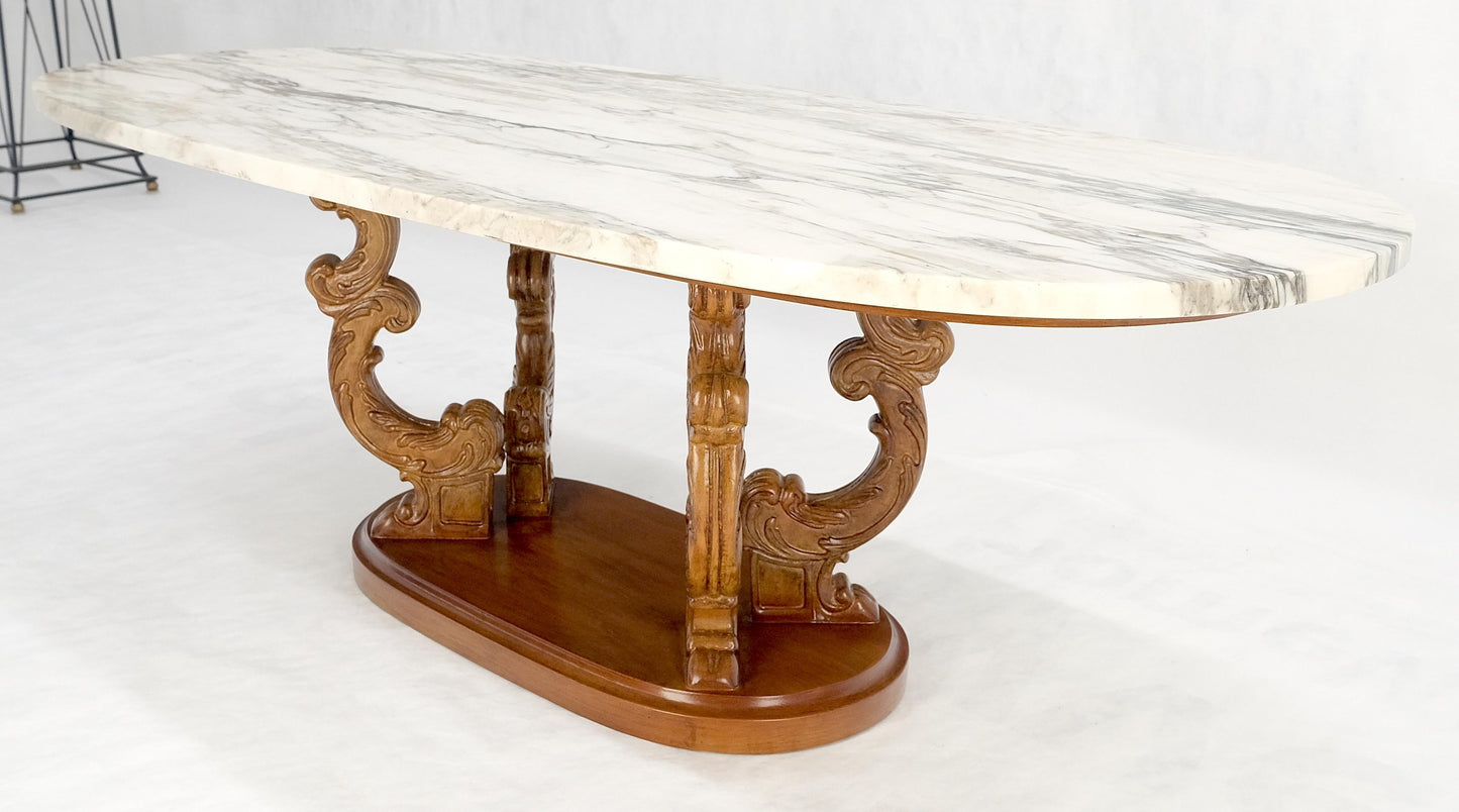 EstablishedLines Carved Regency Style Walnut Base Oval Marble Top Coffee c1960s MINT!