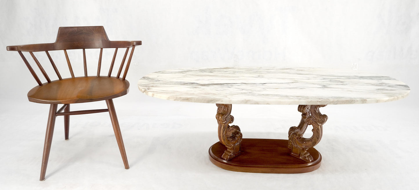 EstablishedLines Carved Regency Style Walnut Base Oval Marble Top Coffee c1960s MINT!