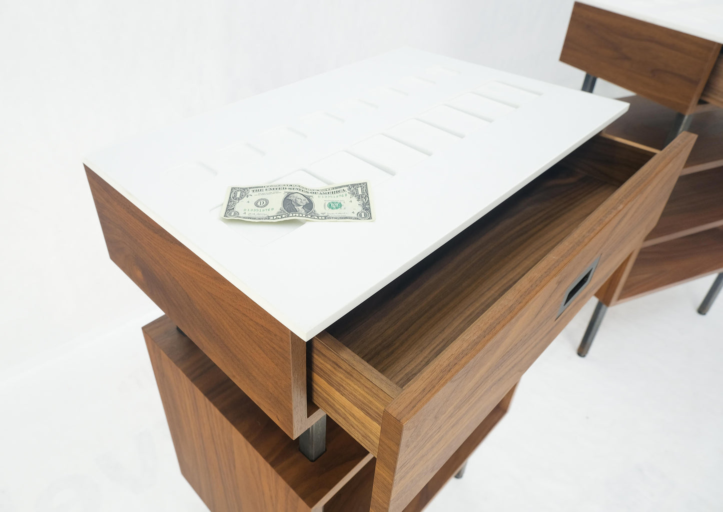 EstablishedLines Pair of Oiled Walnut 1 Drawer 3 Tier Side End Tables Stands Composite Top Mint!