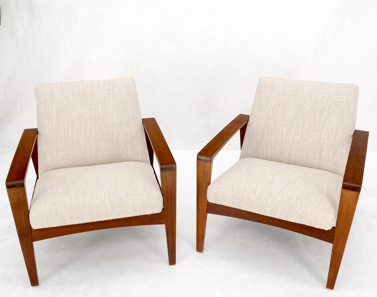 EstablishedLines Pair Restored New Oatmeal Upholstery Teak Mid-Century Modern Lounge Arm Chairs