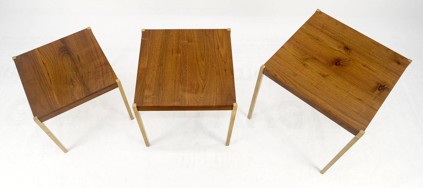 EstablishedLines Set of 3 Walnut Nesting Tables on a Solid Brass Square Bar Leg MINT