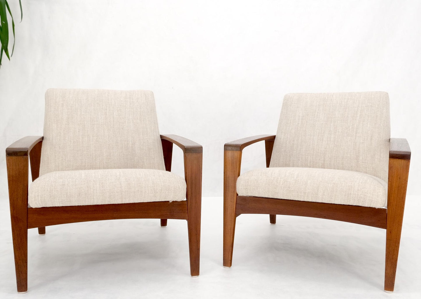 EstablishedLines Pair Restored New Oatmeal Upholstery Teak Mid-Century Modern Lounge Arm Chairs