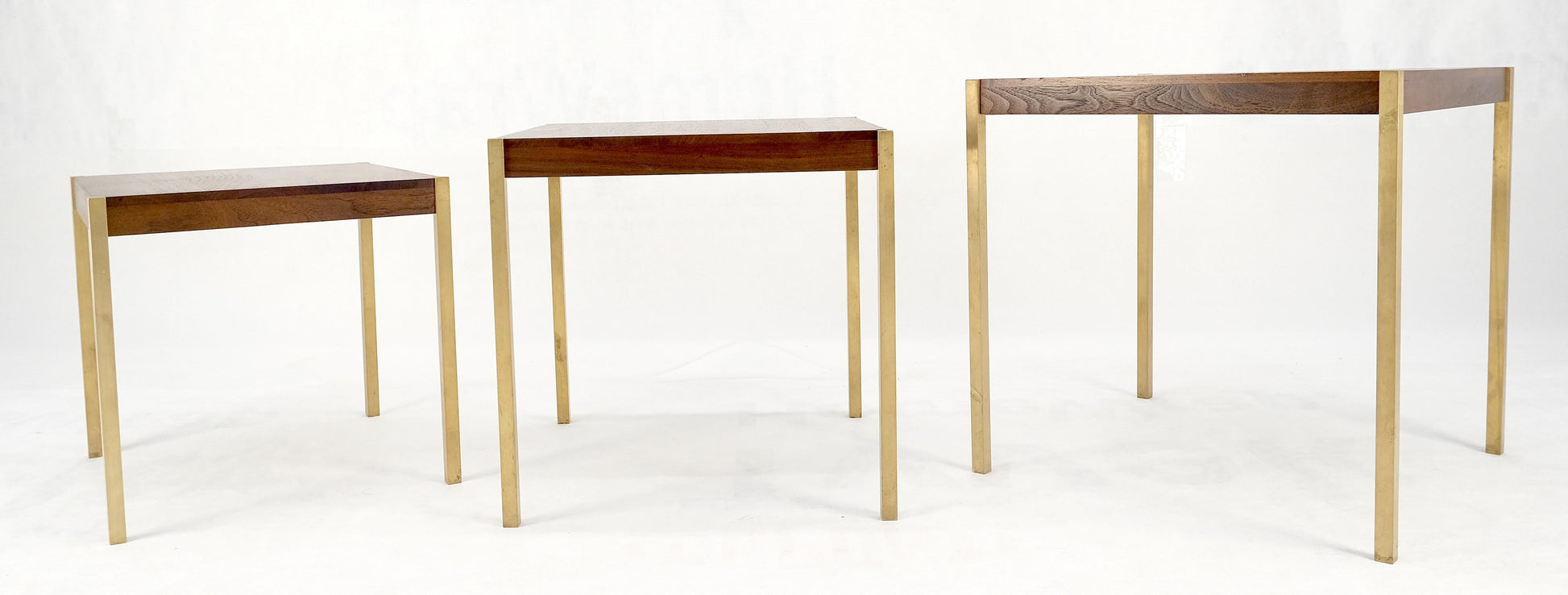 EstablishedLines Set of 3 Walnut Nesting Tables on a Solid Brass Square Bar Leg MINT