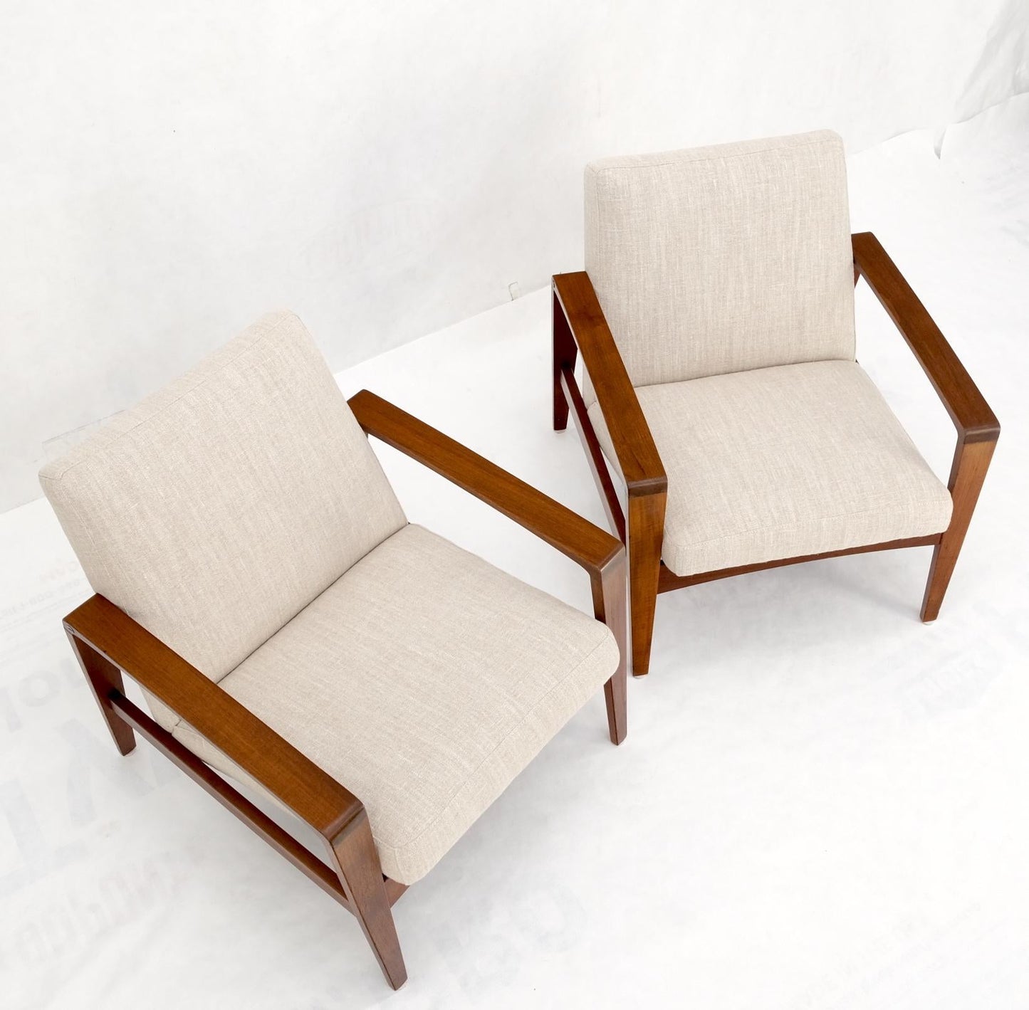 EstablishedLines Pair Restored New Oatmeal Upholstery Teak Mid-Century Modern Lounge Arm Chairs