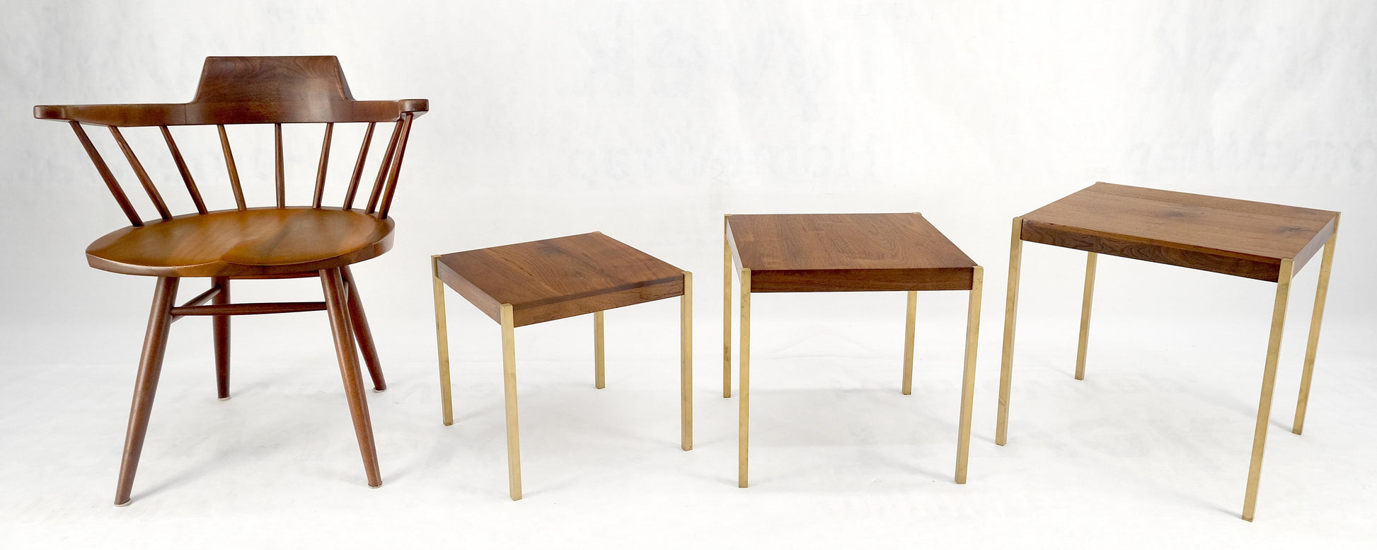EstablishedLines Set of 3 Walnut Nesting Tables on a Solid Brass Square Bar Leg MINT