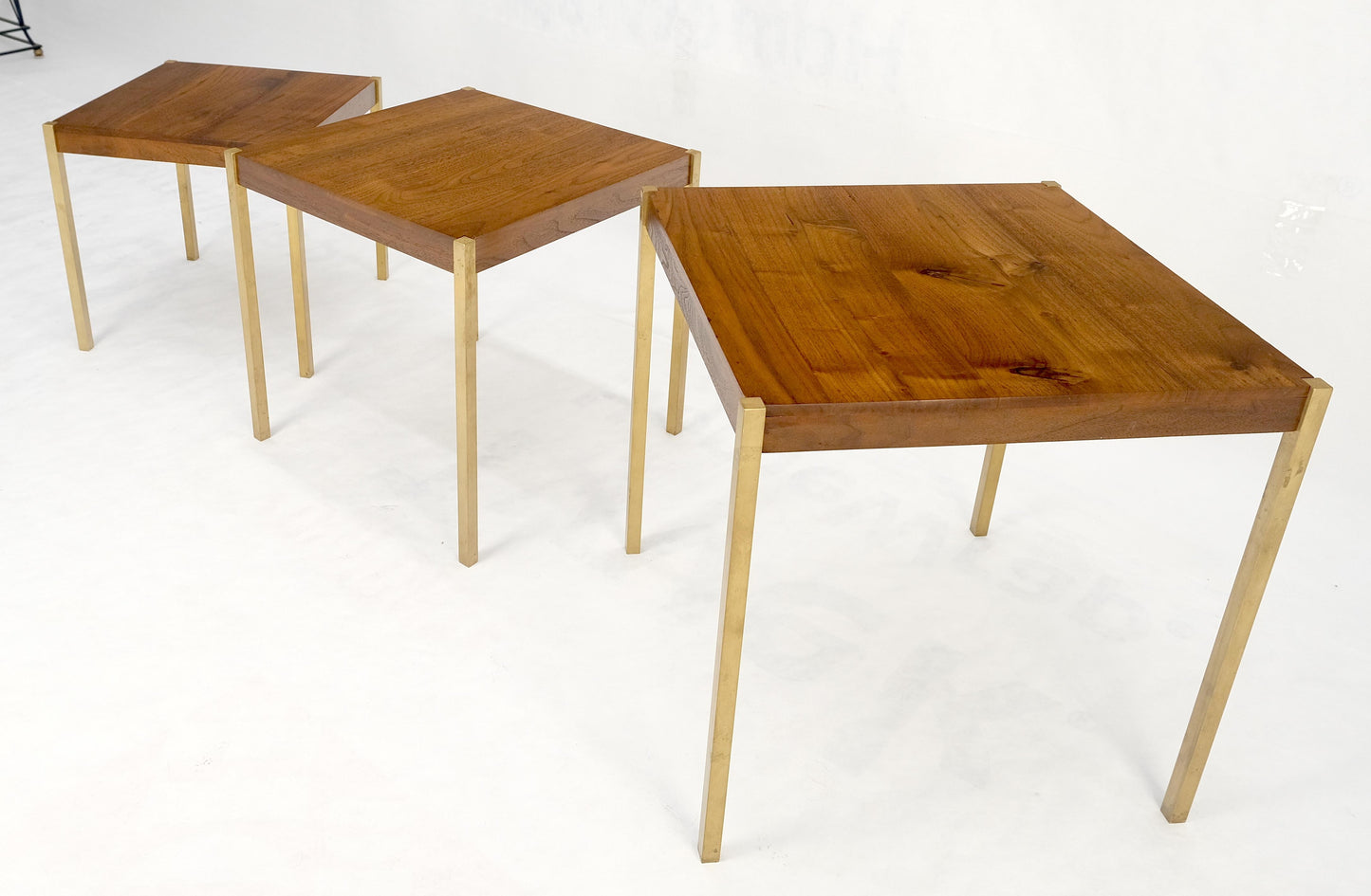 EstablishedLines Set of 3 Walnut Nesting Tables on a Solid Brass Square Bar Leg MINT