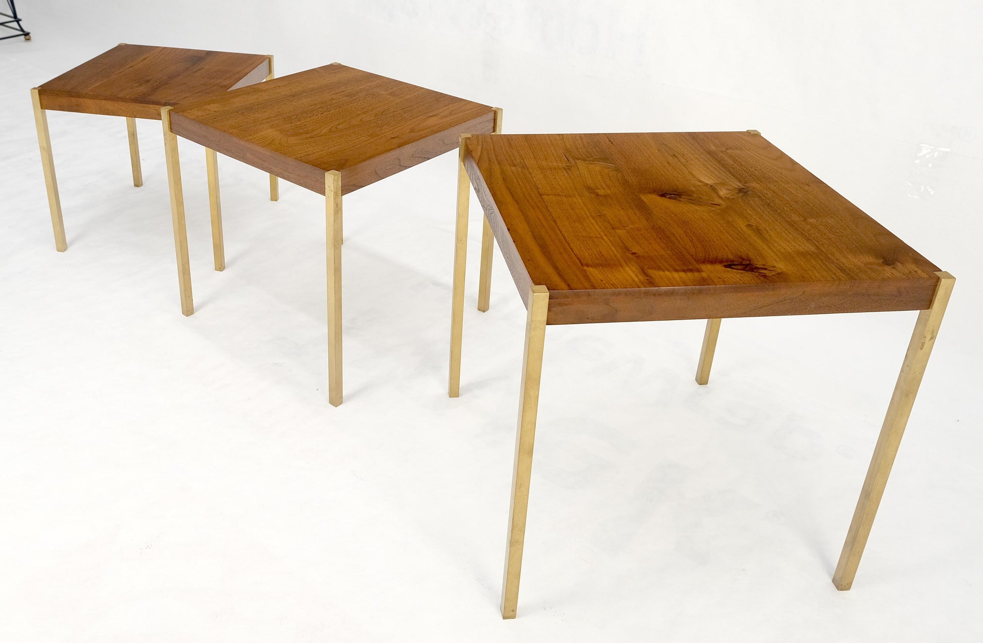 EstablishedLines Set of 3 Walnut Nesting Tables on a Solid Brass Square Bar Leg MINT