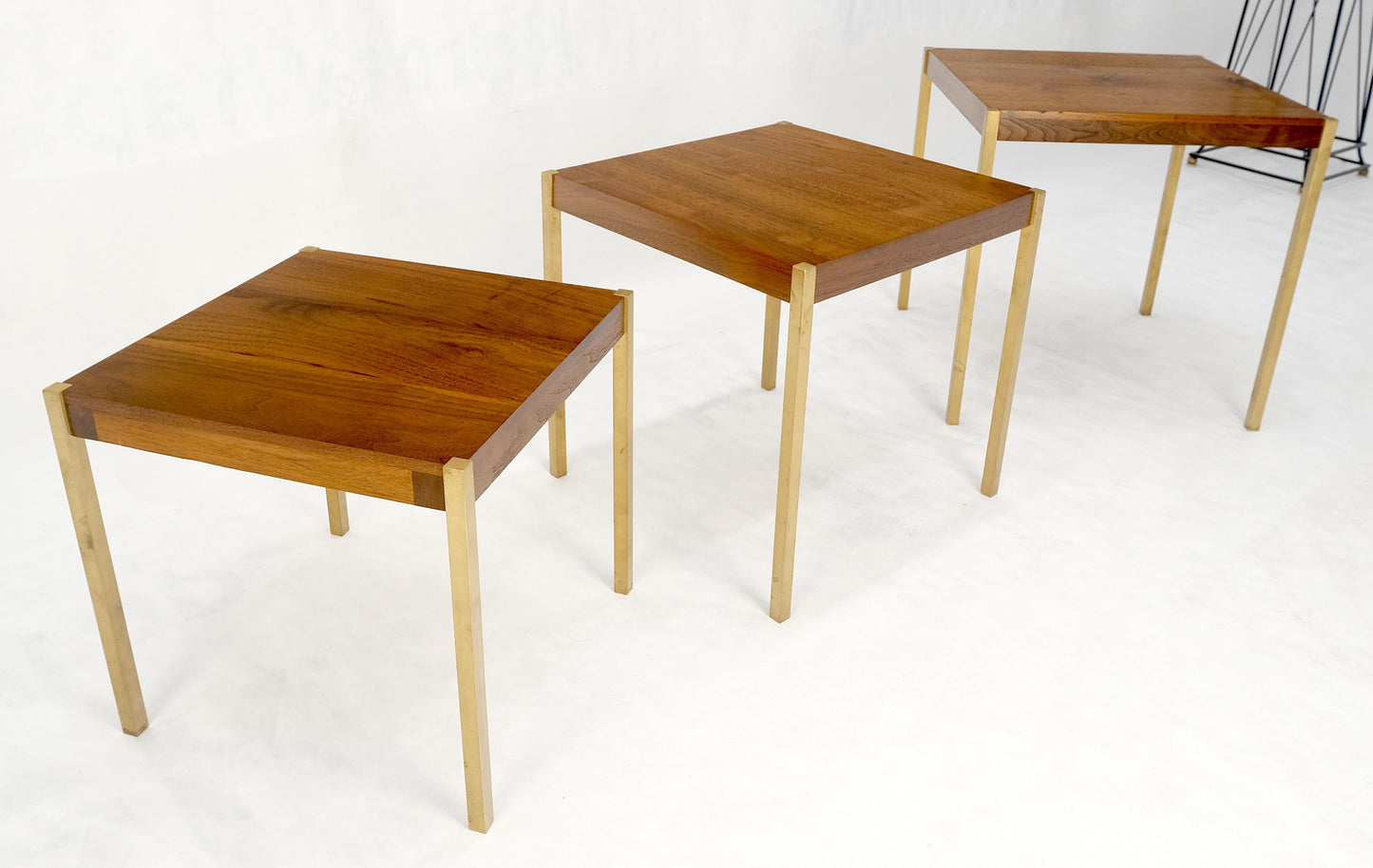 EstablishedLines Set of 3 Walnut Nesting Tables on a Solid Brass Square Bar Leg MINT