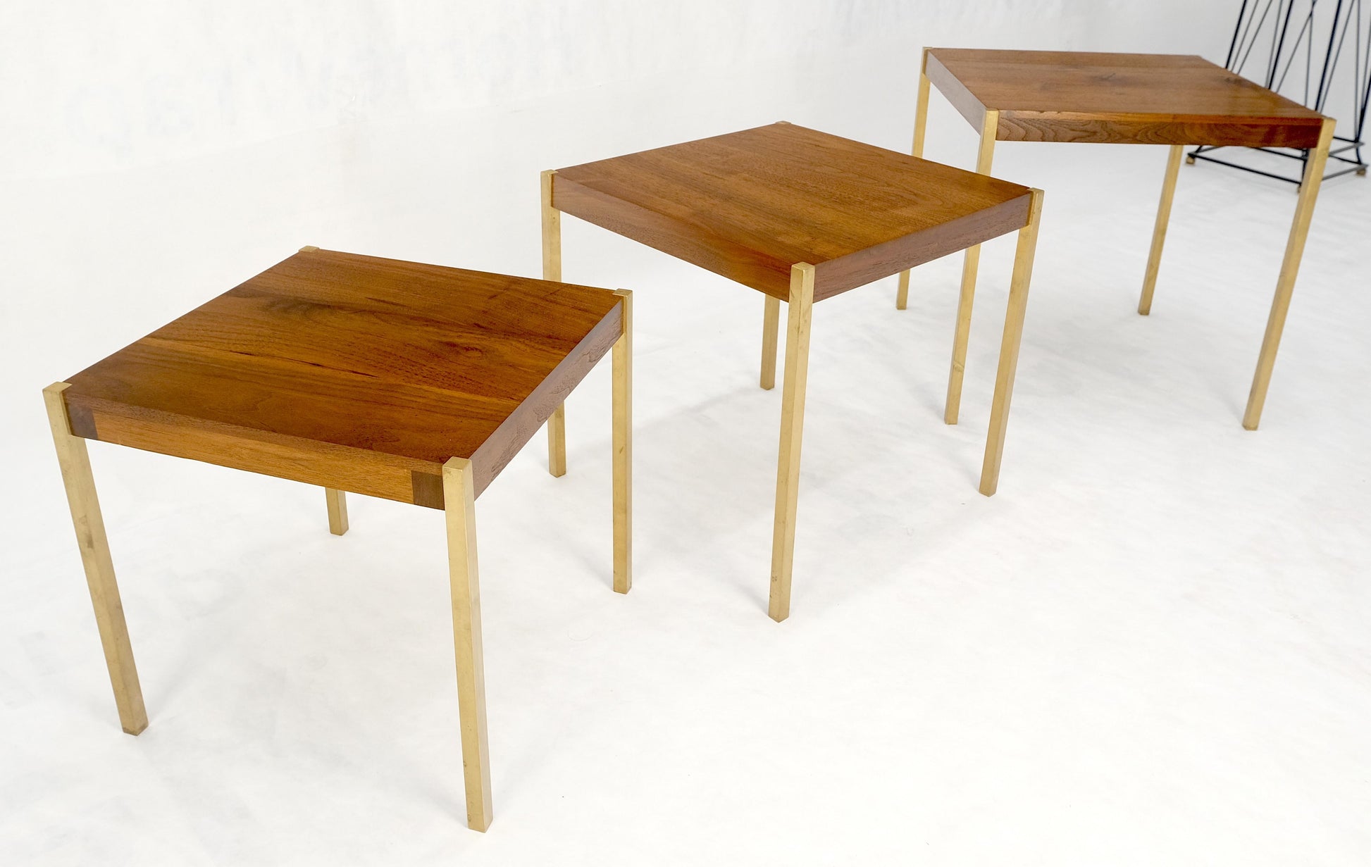 EstablishedLines Set of 3 Walnut Nesting Tables on a Solid Brass Square Bar Leg MINT