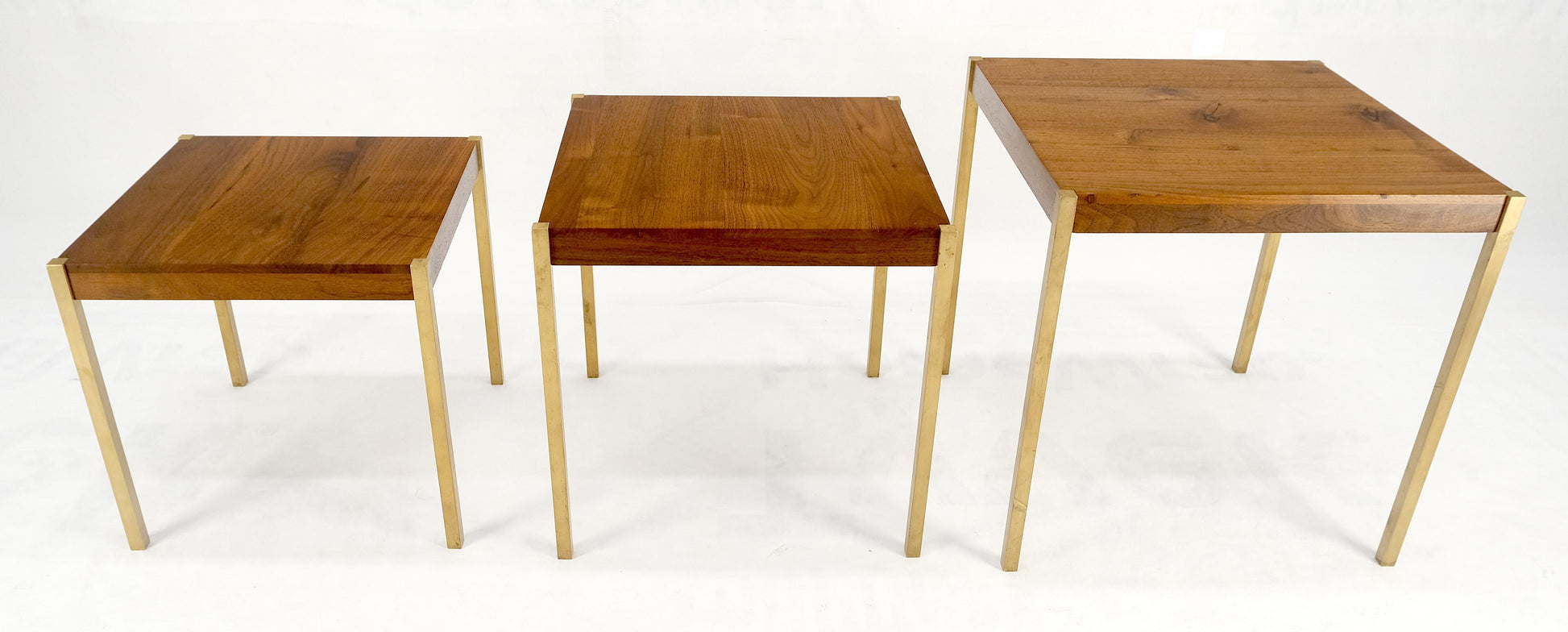 EstablishedLines Set of 3 Walnut Nesting Tables on a Solid Brass Square Bar Leg MINT