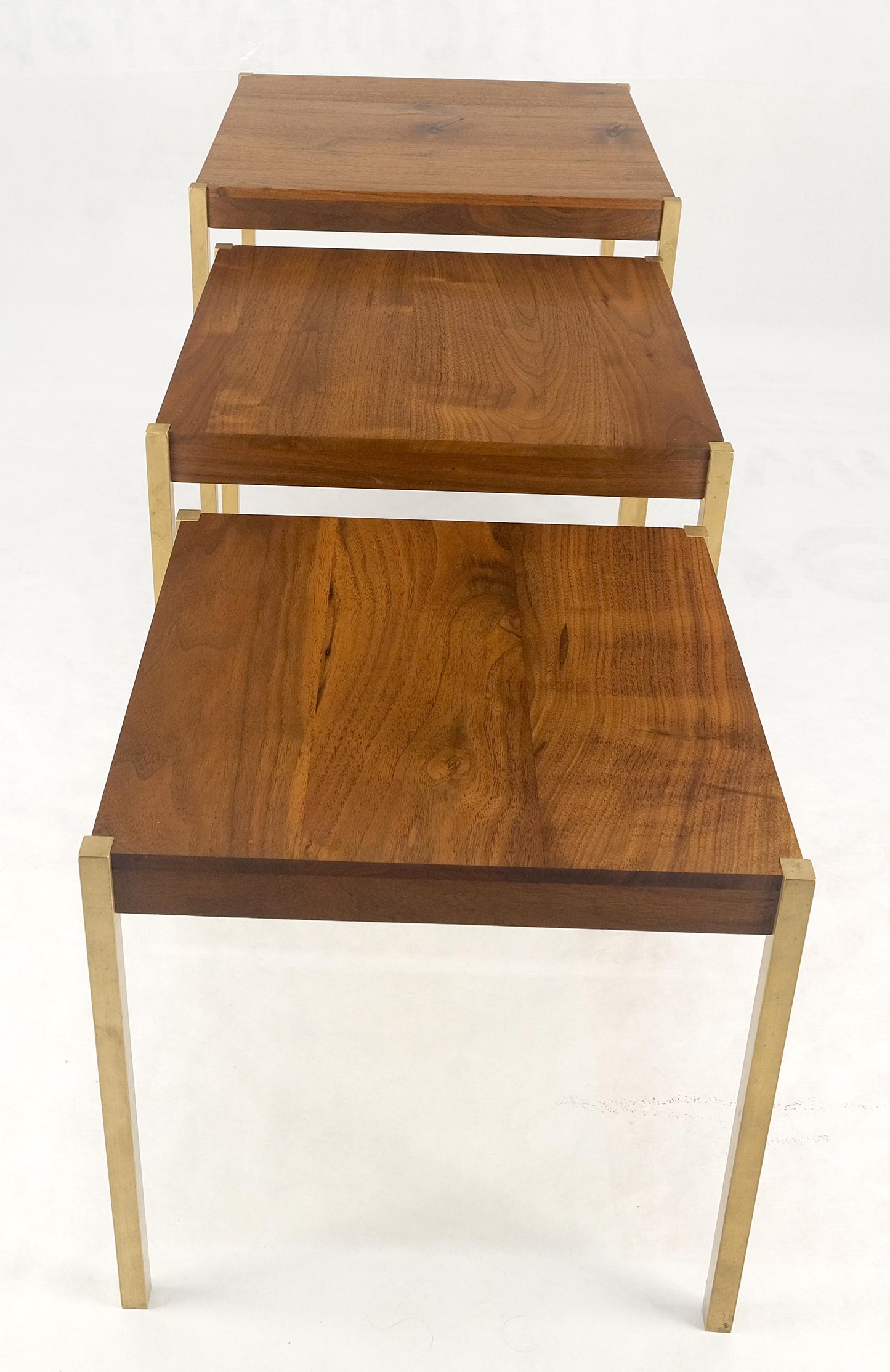 EstablishedLines Set of 3 Walnut Nesting Tables on a Solid Brass Square Bar Leg MINT