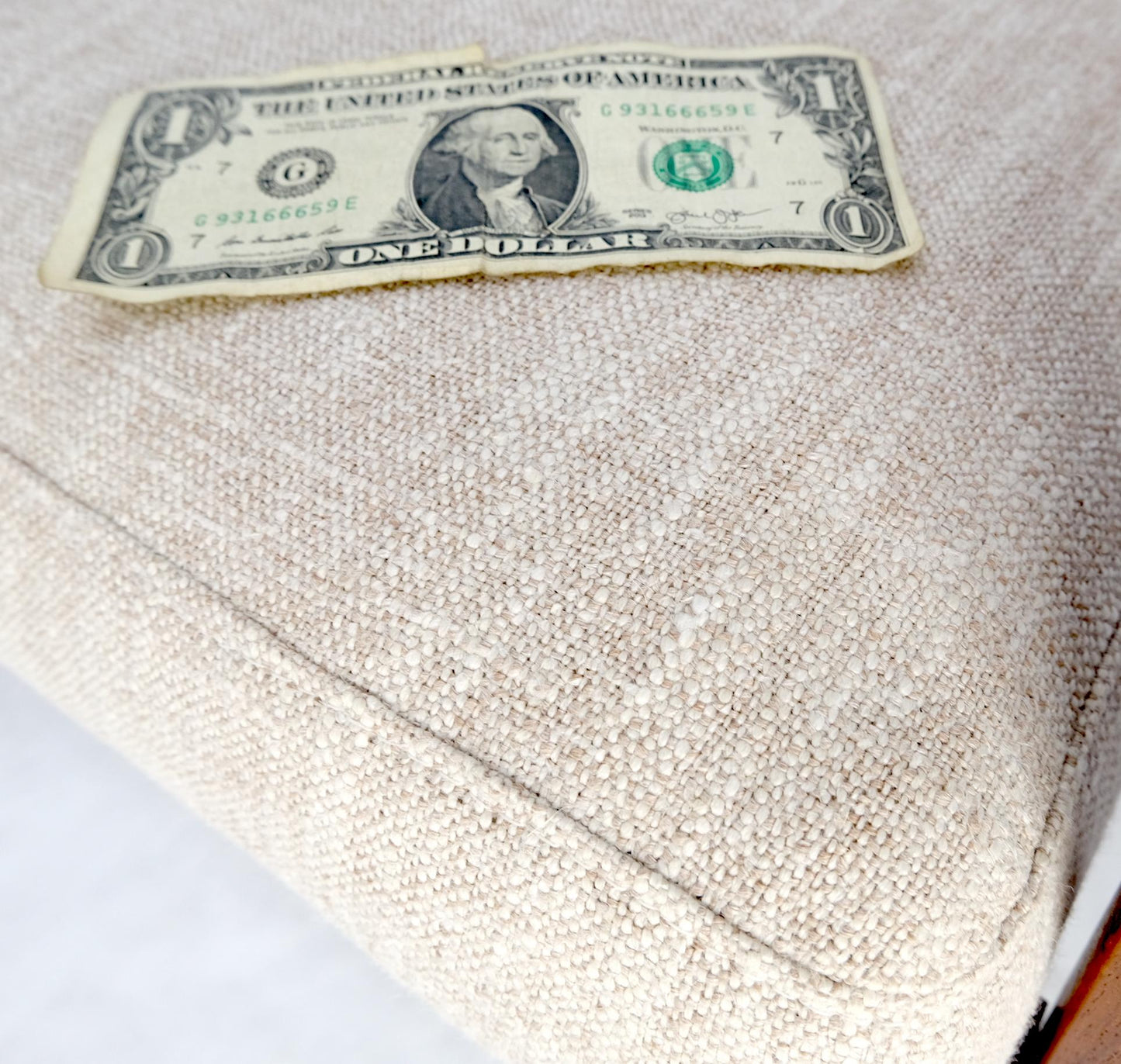 EstablishedLines Pair Restored New Oatmeal Upholstery Teak Mid-Century Modern Lounge Arm Chairs