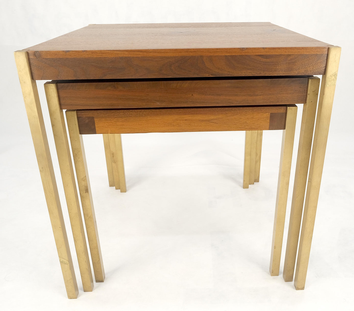 EstablishedLines Set of 3 Walnut Nesting Tables on a Solid Brass Square Bar Leg MINT