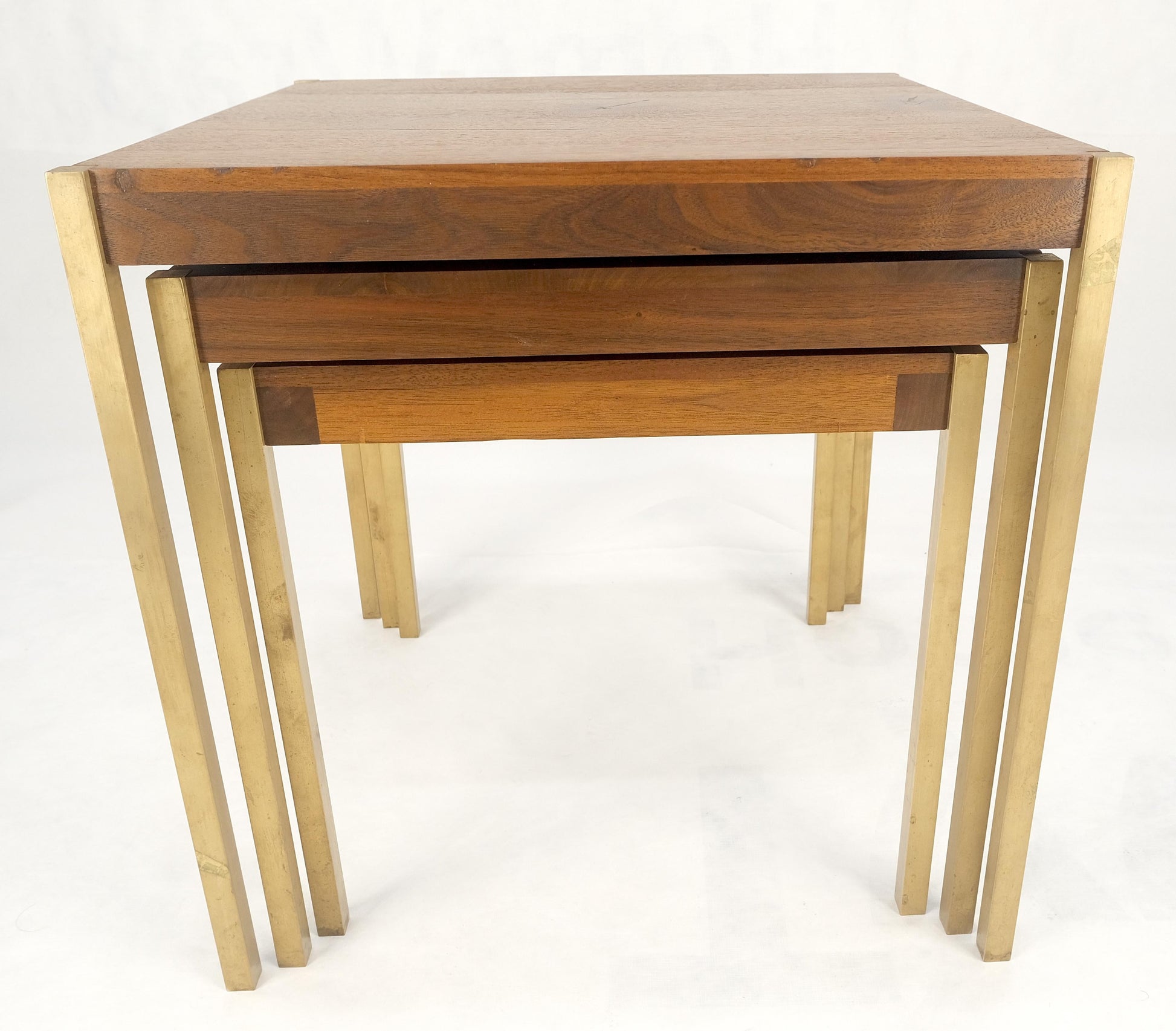 EstablishedLines Set of 3 Walnut Nesting Tables on a Solid Brass Square Bar Leg MINT