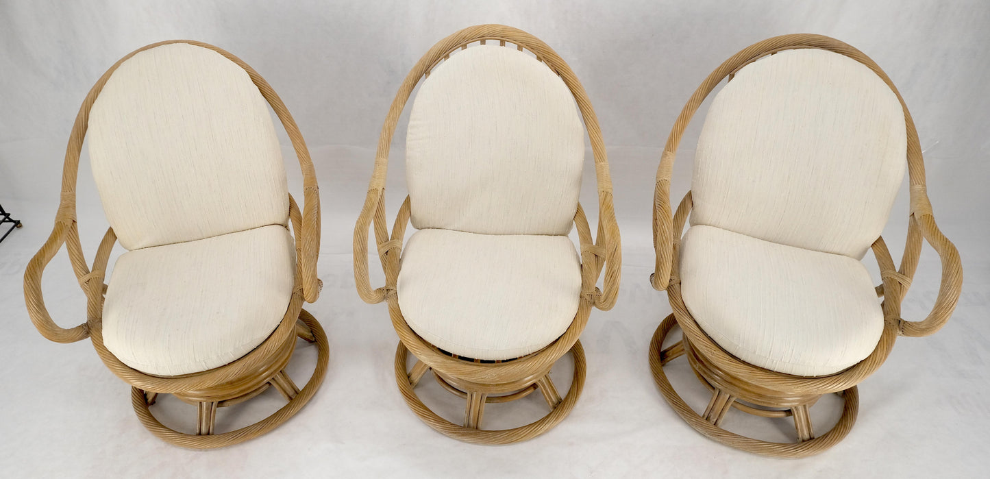 EstablishedLines Set of Three Rocking Twisted Rattan Reed Oval Back Arm Lounge Chairs c1970s MINT