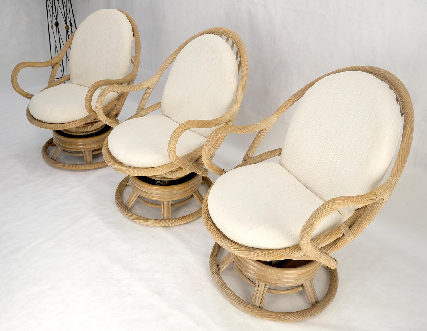 EstablishedLines Set of Three Rocking Twisted Rattan Reed Oval Back Arm Lounge Chairs c1970s MINT