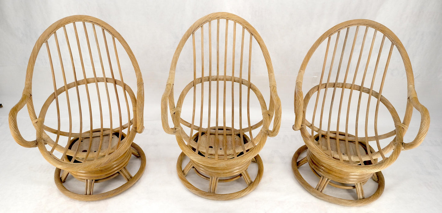 EstablishedLines Set of Three Rocking Twisted Rattan Reed Oval Back Arm Lounge Chairs c1970s MINT