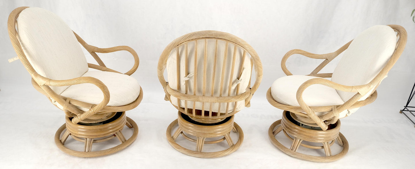 EstablishedLines Set of Three Rocking Twisted Rattan Reed Oval Back Arm Lounge Chairs c1970s MINT