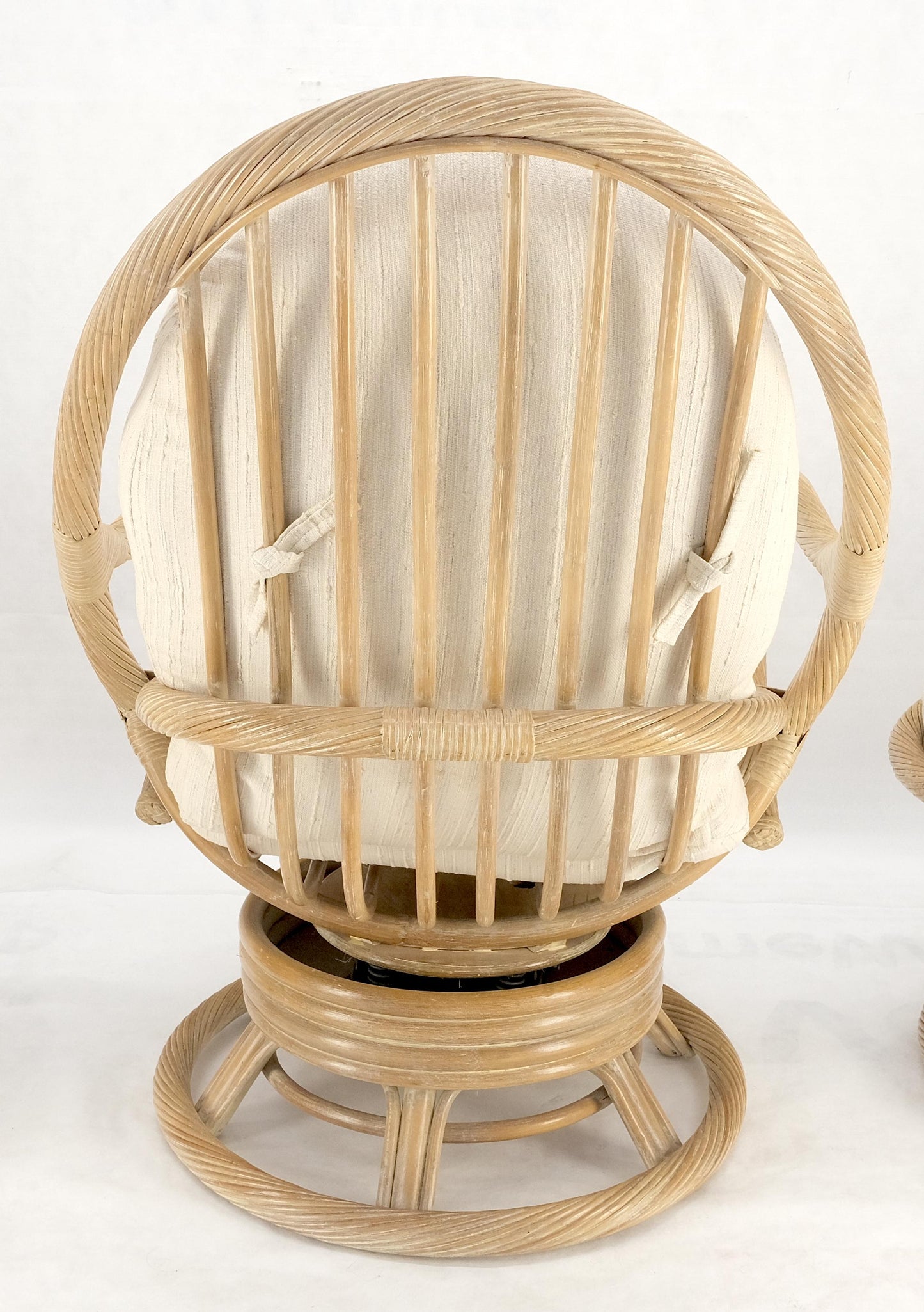 EstablishedLines Set of Three Rocking Twisted Rattan Reed Oval Back Arm Lounge Chairs c1970s MINT