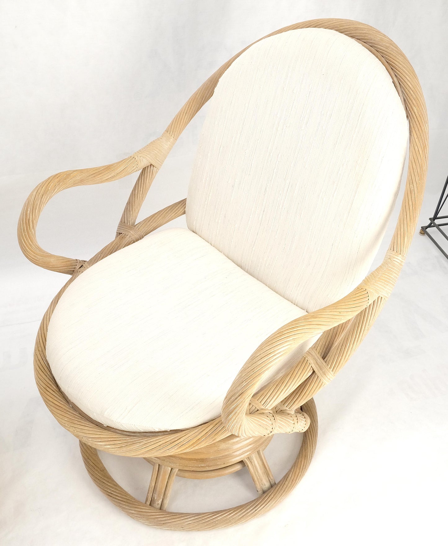EstablishedLines Set of Three Rocking Twisted Rattan Reed Oval Back Arm Lounge Chairs c1970s MINT