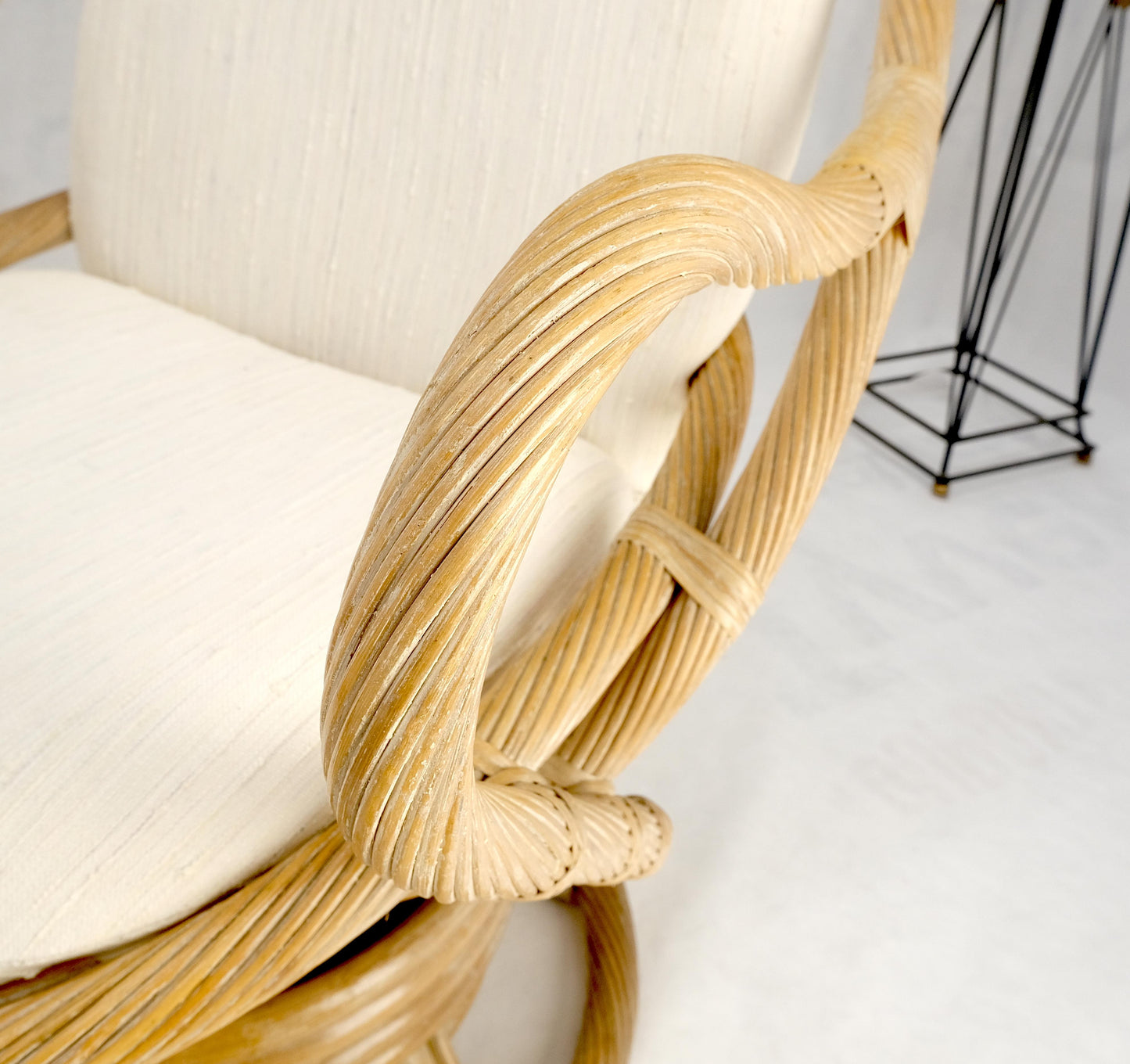 EstablishedLines Set of Three Rocking Twisted Rattan Reed Oval Back Arm Lounge Chairs c1970s MINT