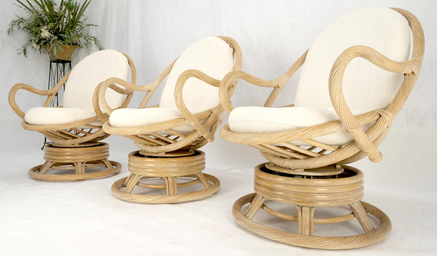 EstablishedLines Set of Three Rocking Twisted Rattan Reed Oval Back Arm Lounge Chairs c1970s MINT