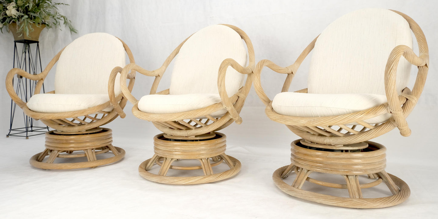 EstablishedLines Set of Three Rocking Twisted Rattan Reed Oval Back Arm Lounge Chairs c1970s MINT