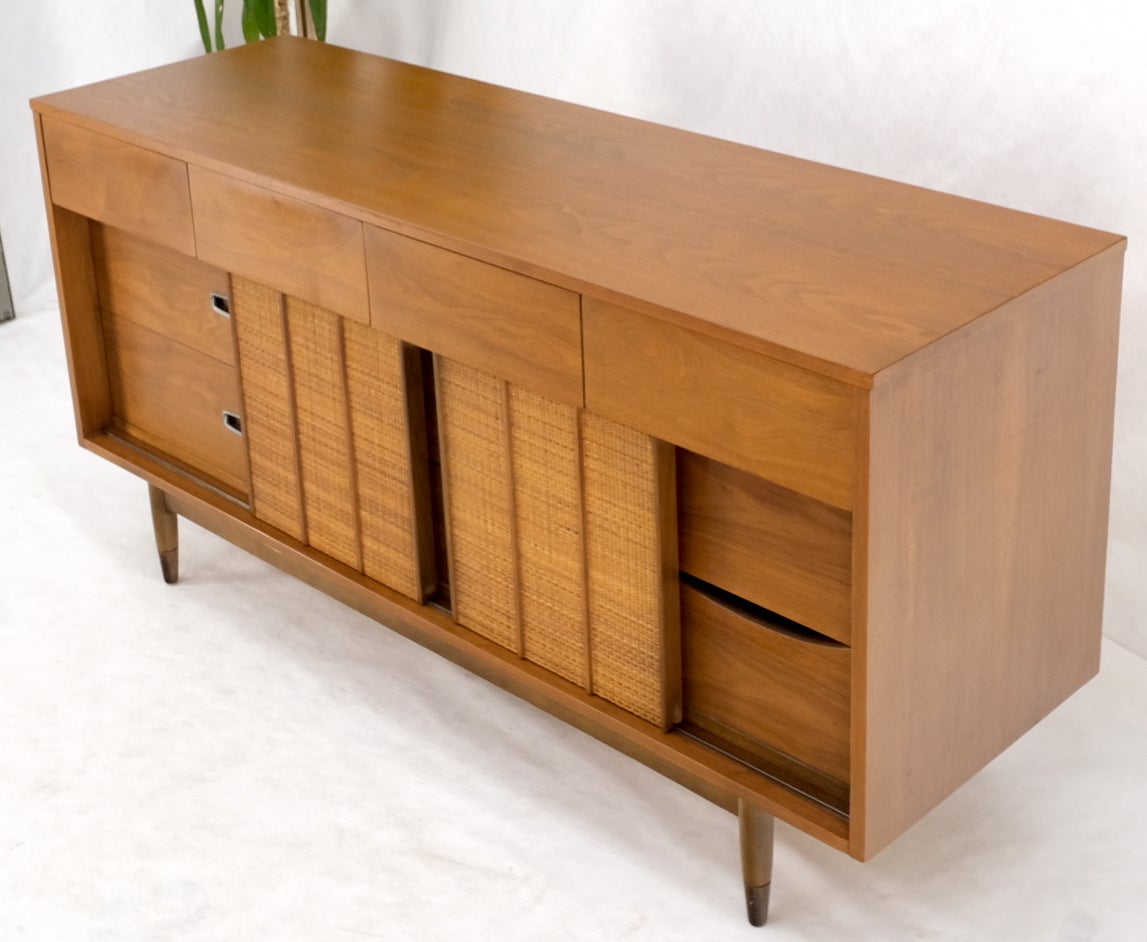 EstablishedLines Light American Walnut Multi Drawer Sliding Cane Doors Dowel Leg Long Credenza